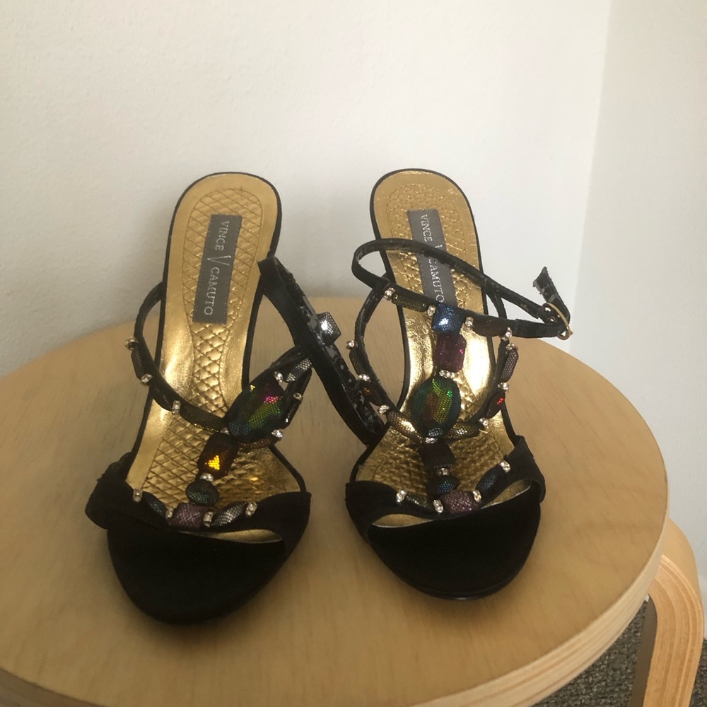 Vince Camuto Black Strappy Gemstone Heels
